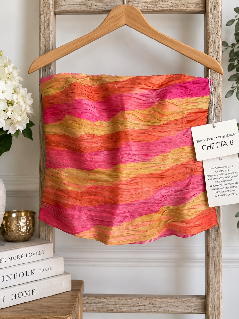 Chetta B Pink Orange Gold Strapless Textured Top